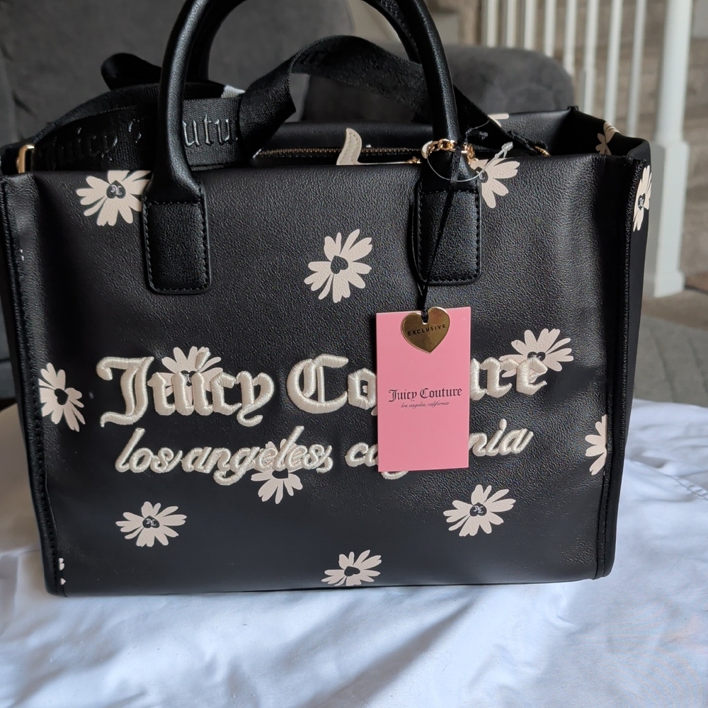 Juicy Couture Black Tote with Pale Pink Daisy Embroidery